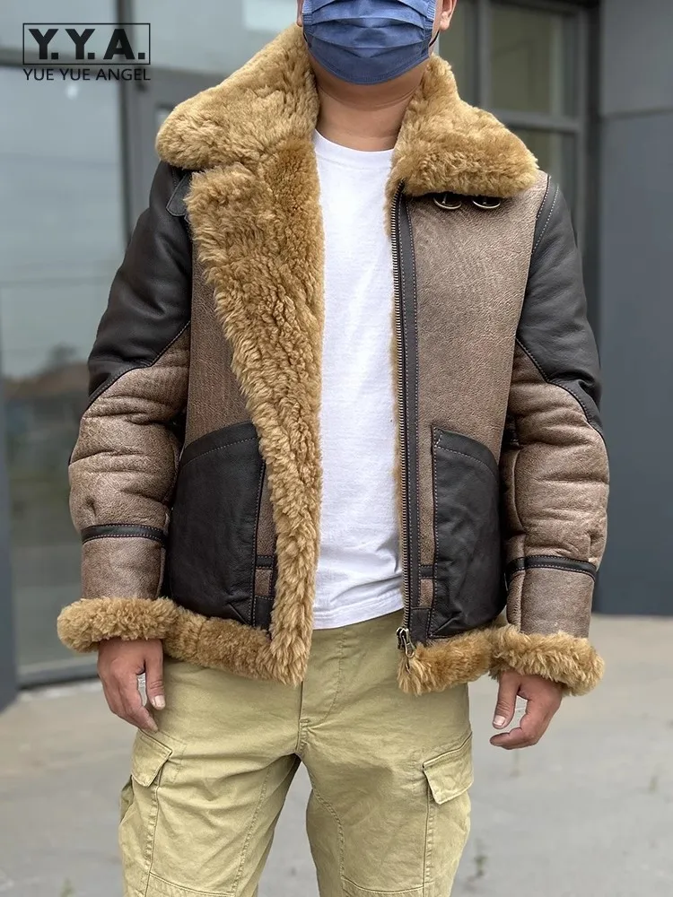 Winter Mens Real Fur Pilot Short Jacket Mixed Colors Thicken Warm Wool Motorcycle Genuine Leather Coat Male Shearling Jackets