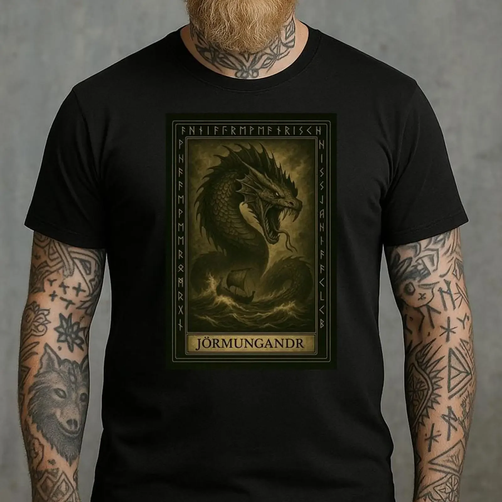 Jörmungandr Norse Tarot T Shirt Viking Sea Serpent Runes Ravens Pagan Nordic Mythology vintage Washed streetwear Soft Casual