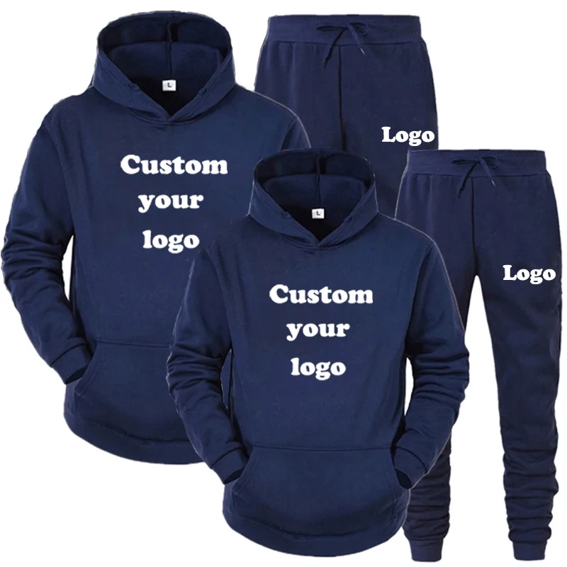 Design Your Logo Vintage Casual Suits Basics Unisex Couple Set Hoodie Long Pant Men Solid Pocket Spring Autumn Outfit Streetwear