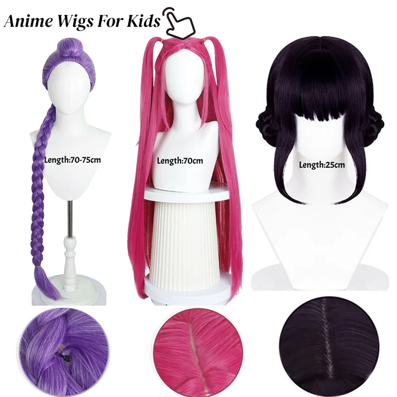 Pelucas de Cosplay de Anime Kpop para niñas, pelo trenzado largo morado para mujeres, peluca corta negra con 2 bollos para disfraz de fiesta de Halloween