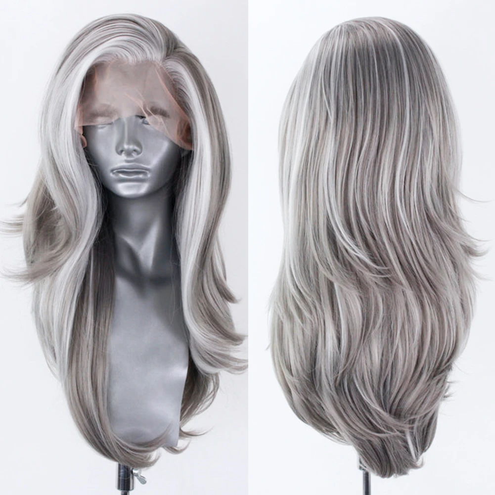 AIMEYA – perruque Lace Front Wig synthétique à reflets blancs/gris, perruque naturelle ondulée grise pour femmes, perruque Cosplay en Fiber résistante à la chaleur