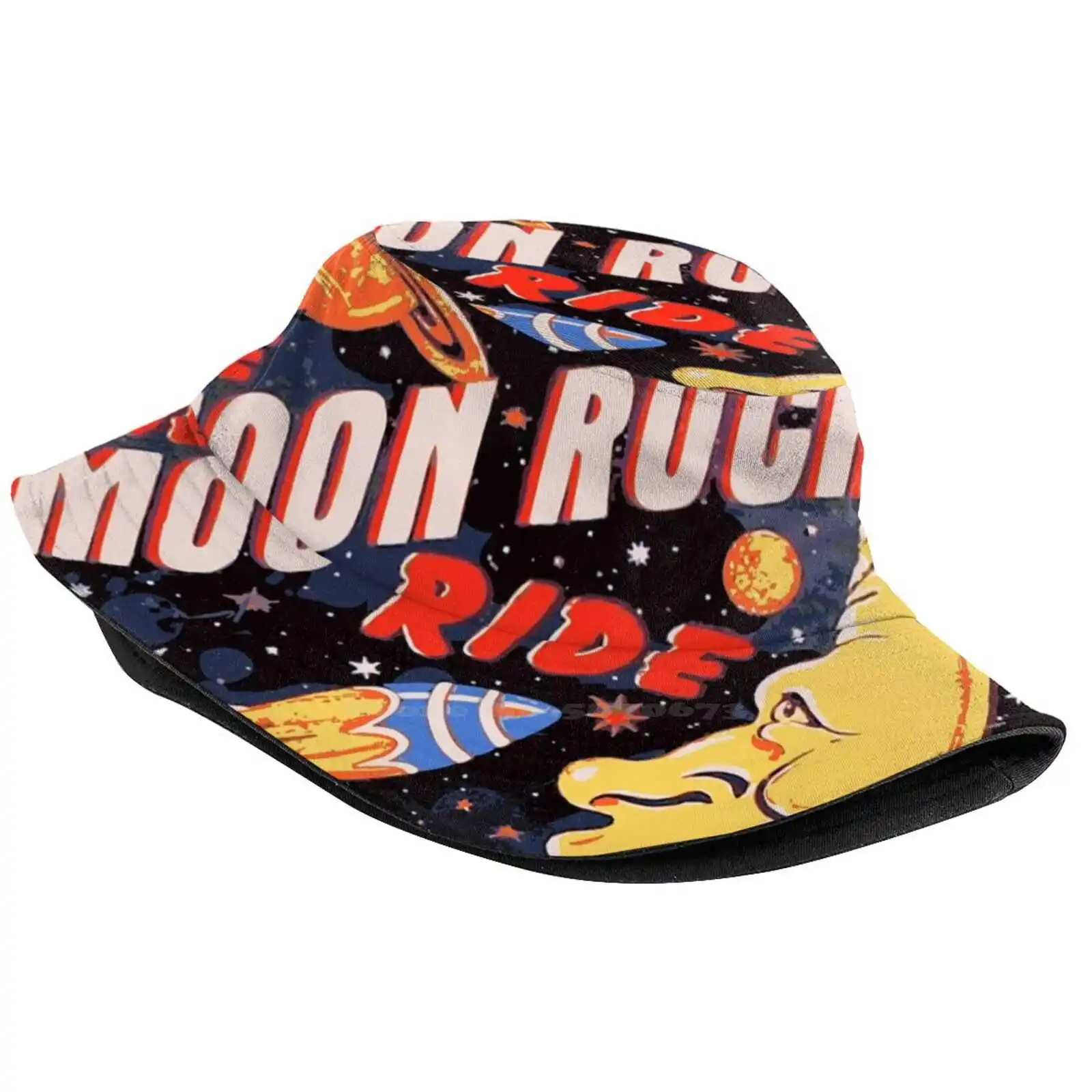 Rocket Moon Ride ( Vintage ) Print Bucket Hats Sun Cap Space Ship Carnival Rocket Moon Ride Space Rocket Astro Retro Star Ship