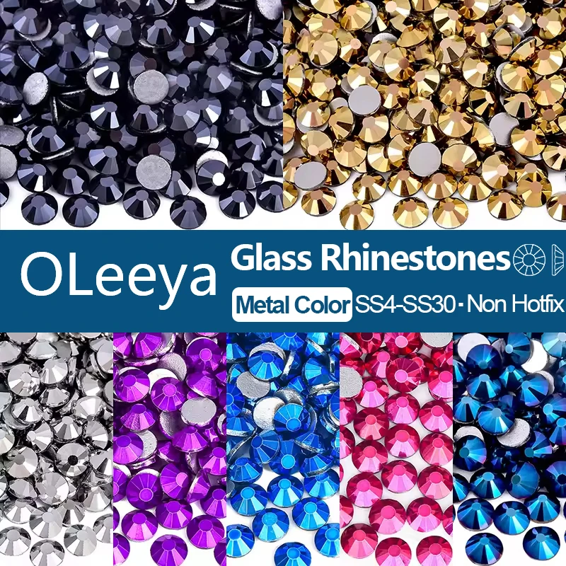OLeeya Metallic Glass Rhinestones Flatback Crystal Strass Stones SS4-SS30 for Nail Art Clothing DIY Crafts Decoration
