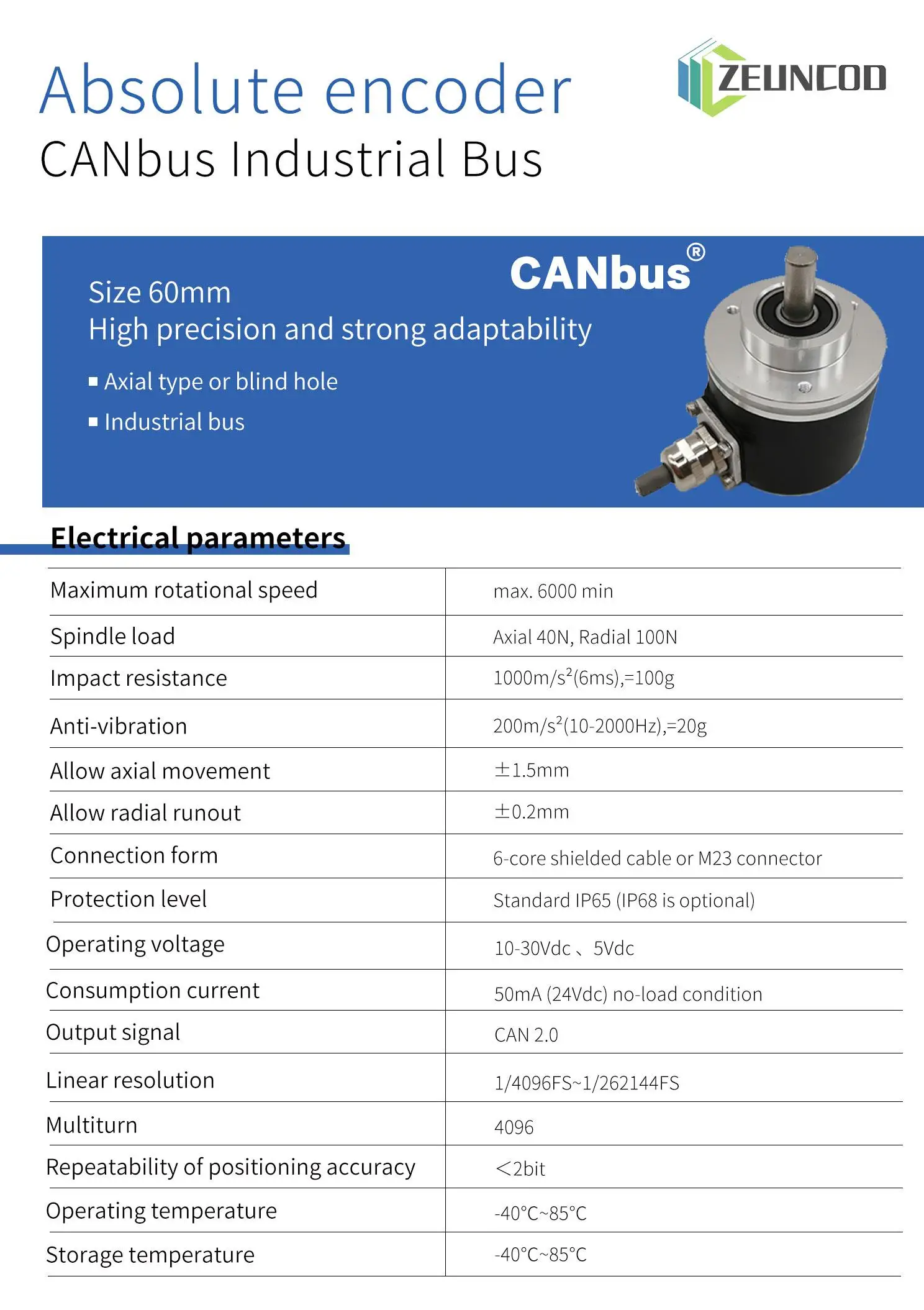 ZUENCOD 60mm CANbus Multi-Turn Absolute Magnetic Rotary Encoder 12-18Bit Resolution SSU Synchronous Signal IP65/IP68 Industrial