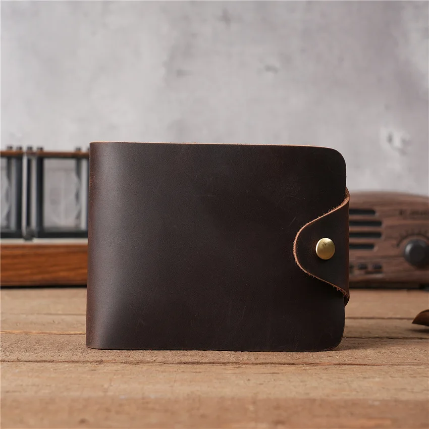 1130 Genuine Leather Men's Wallet Short Top Layer Cowhide Wallet with Multiple Card Slots and Button Pockets
