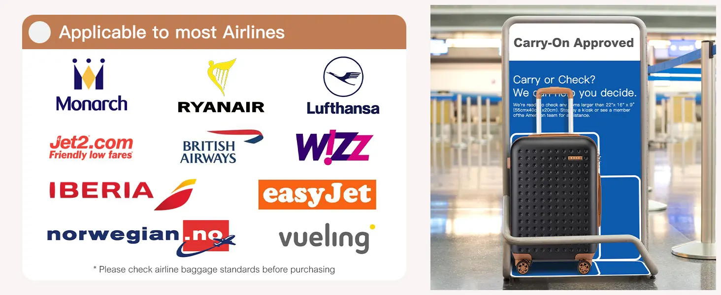 Carry-on luggage size guide with airline logos. Shows suitcase outline with 'Carry-On Approved' text. Includes various European airline brands like Ryanair, Lufthansa, and easyJet.