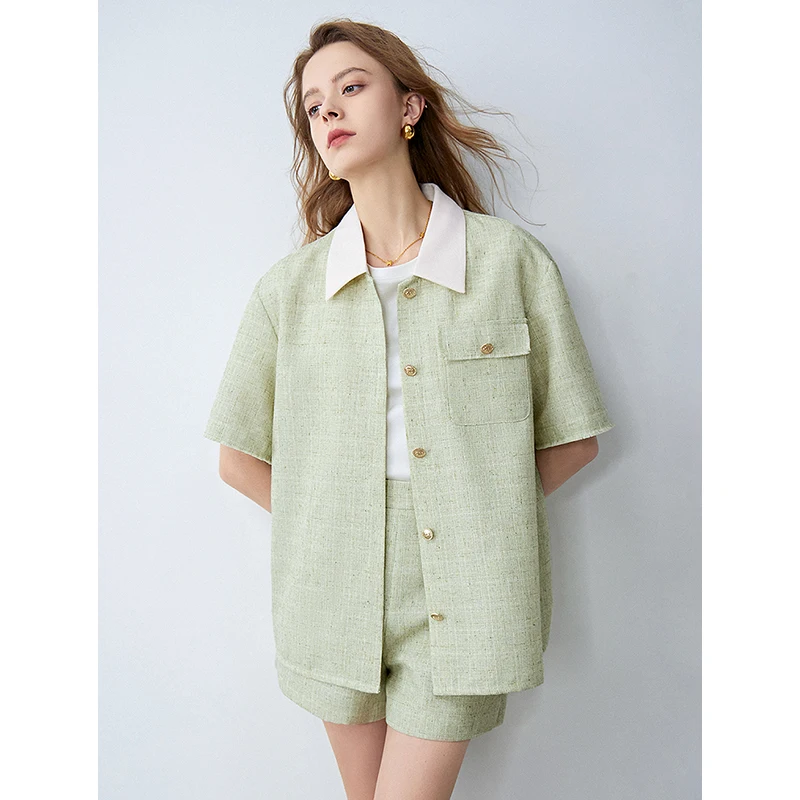 TOYOUTH Women Short Sleeve Shirt Two-piece Set 2024 Summer New Green Office Lady Working Sets