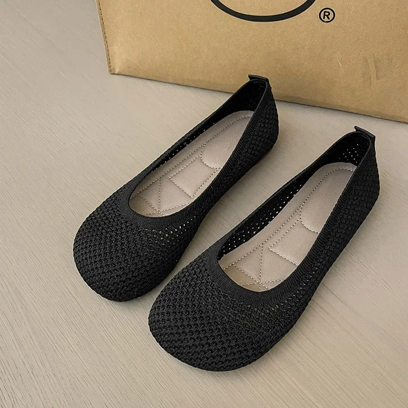 Summer Knit Ballet Flat Shoes  Women Soft Slip-on Square Toe Work Flats Women Walking Shoes Comfortable Casual Barefoot Loafer