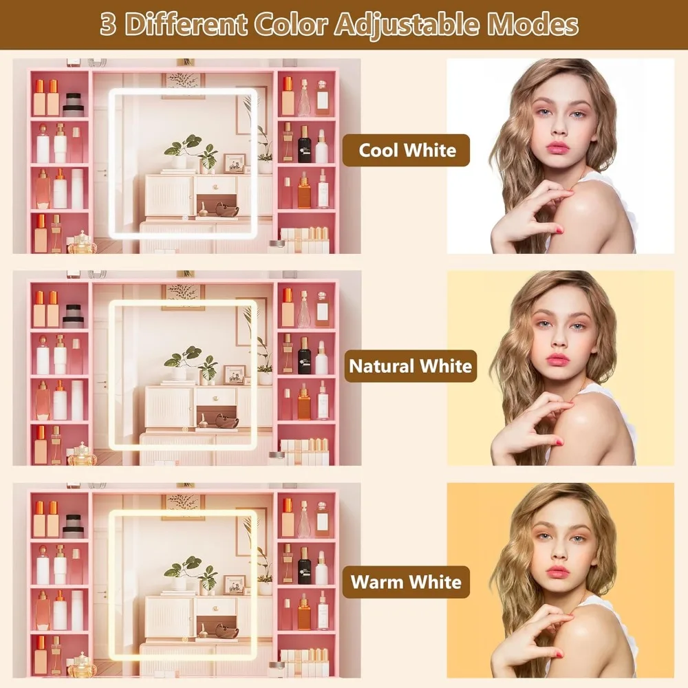 Scrivania da toeletta rosa con specchio e luci, set da toeletta per trucco con specchio illuminato e armadietto in vetro RGB, cassetti, armadietto in vetro