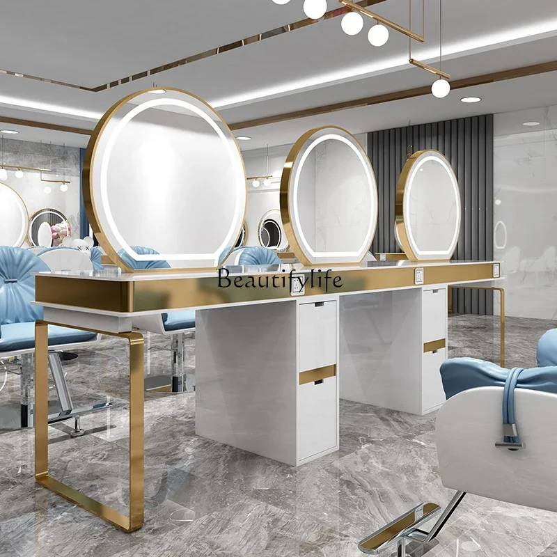 

06Hair Salon with Light Hair Mirror Stainless Steel European-Style Studio Makeup Mirror