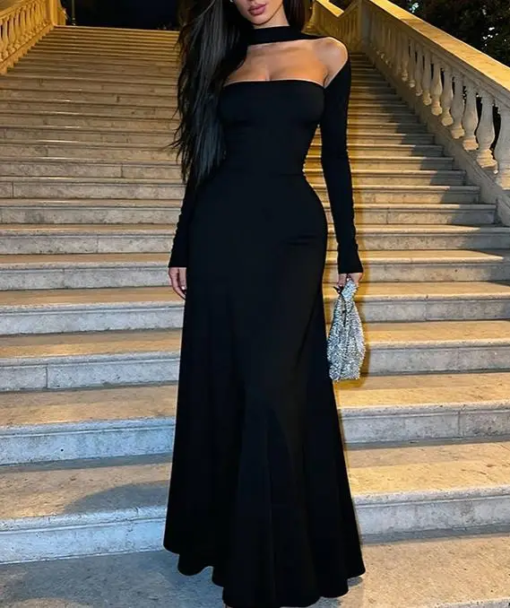 

2026 Spring/Summer New Women's Solid Color Fashion Elegant Strapless Long Sleeve Waist Sexy Slimming Dress Women's Wear