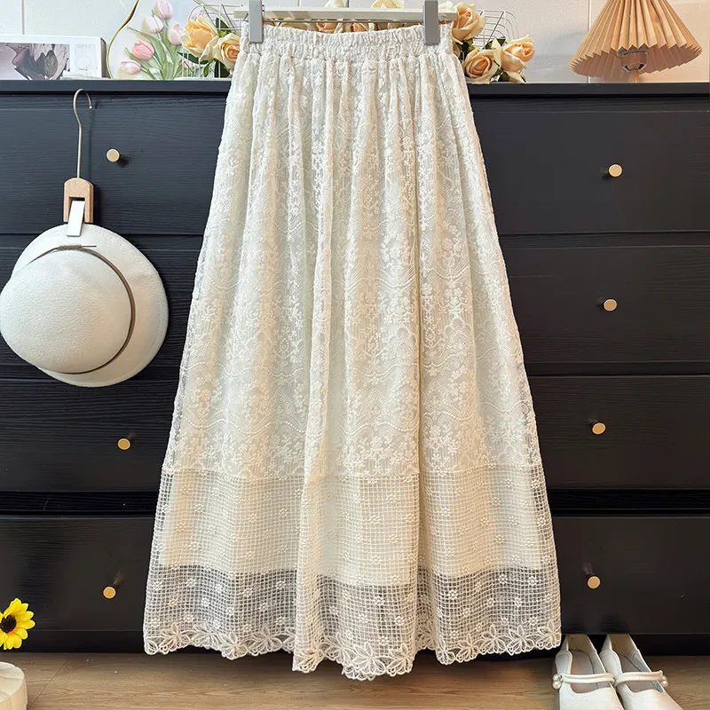 Hollow Out Lace Women' Skirt 2026 Spring New Gentle Style Embroidery Flower Skirts Elastic Waist High Waist Slim-looking Skirt