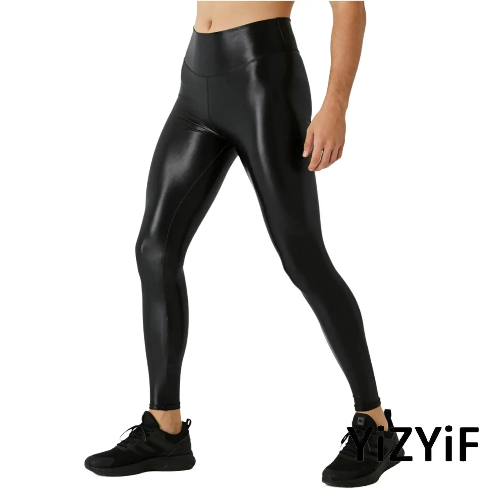 

Mens Wide Elastic Waistband Gymnastics Dance Leggings Solid Color Glossy Stretchy Athletic Pants for Yoga Workout Exercises