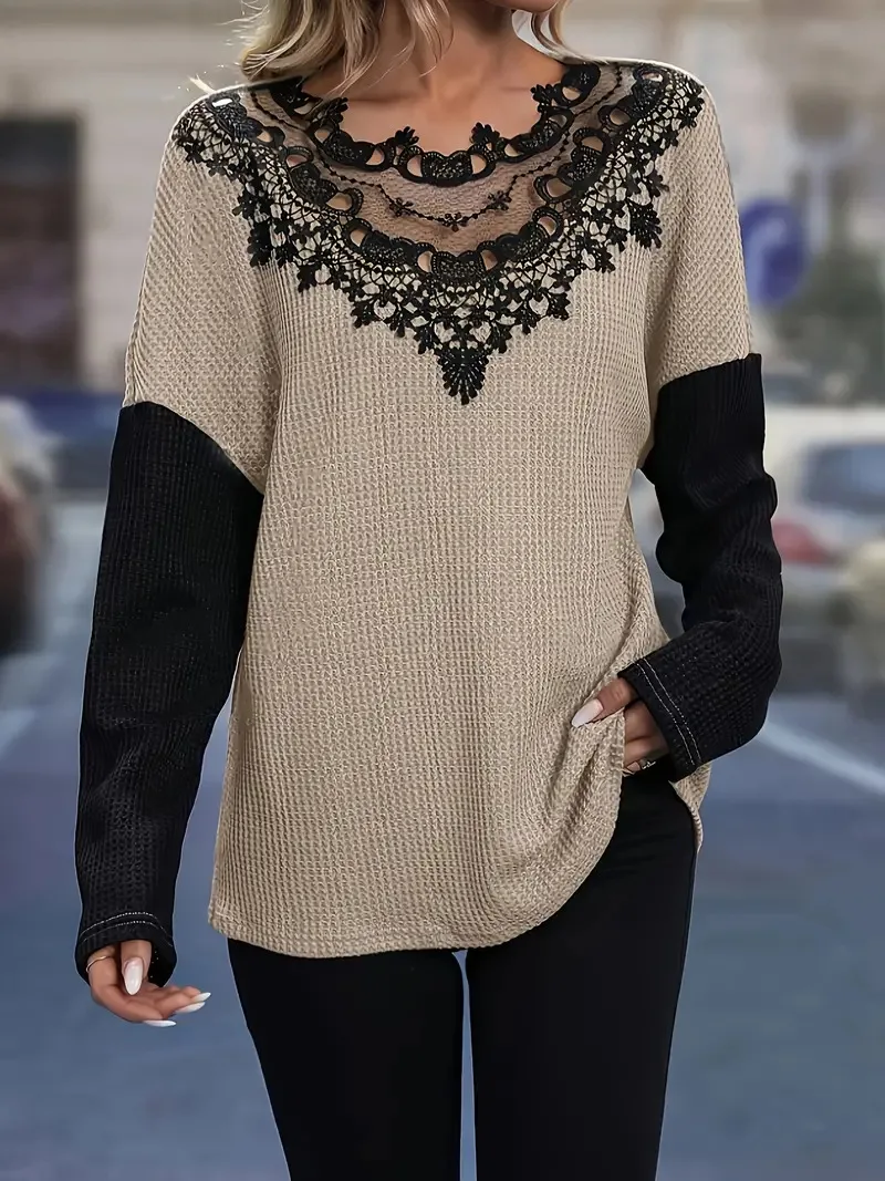 

Autumn Winter Sweater Women Fashion Round Neck Stitching Hollow Lace Long Sleeved Knitted Pullover Loose Casual Versatile Top