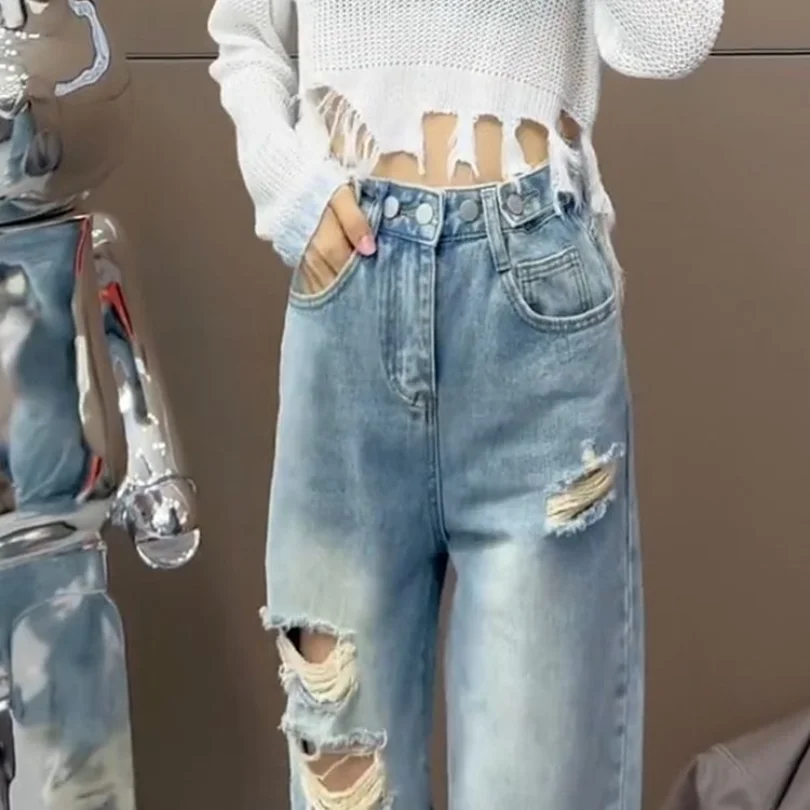 2023 Spring/Summer New Adjustable Waist Split Straight Leg Jeans Women's New Slim Loose High Waist Wide Leg Pants