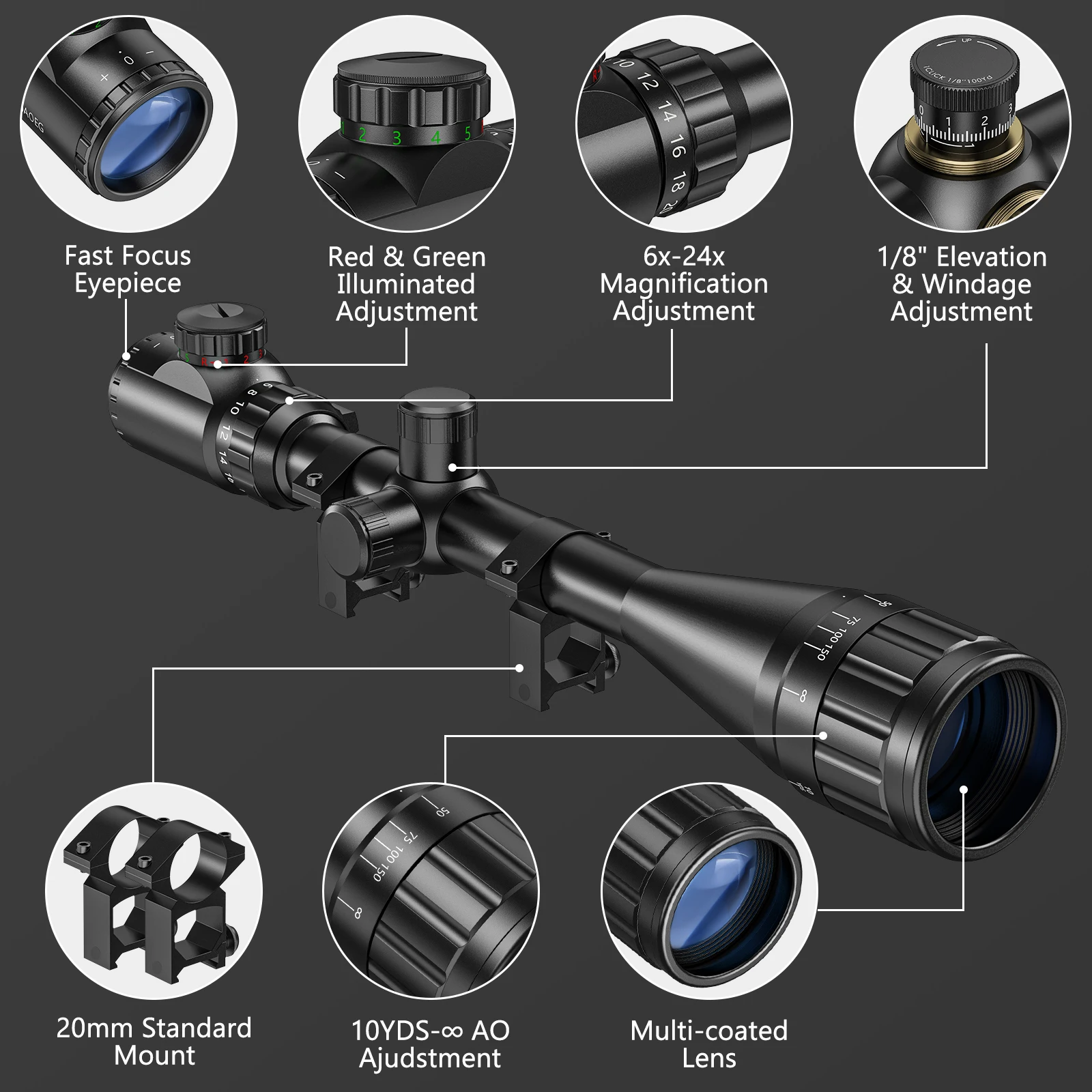 MIDTEN Rifle Scopes6X -24X Magnification AO Fast Focus Eyepiece Red and Green Illuminated Adjustment 20MM Mount