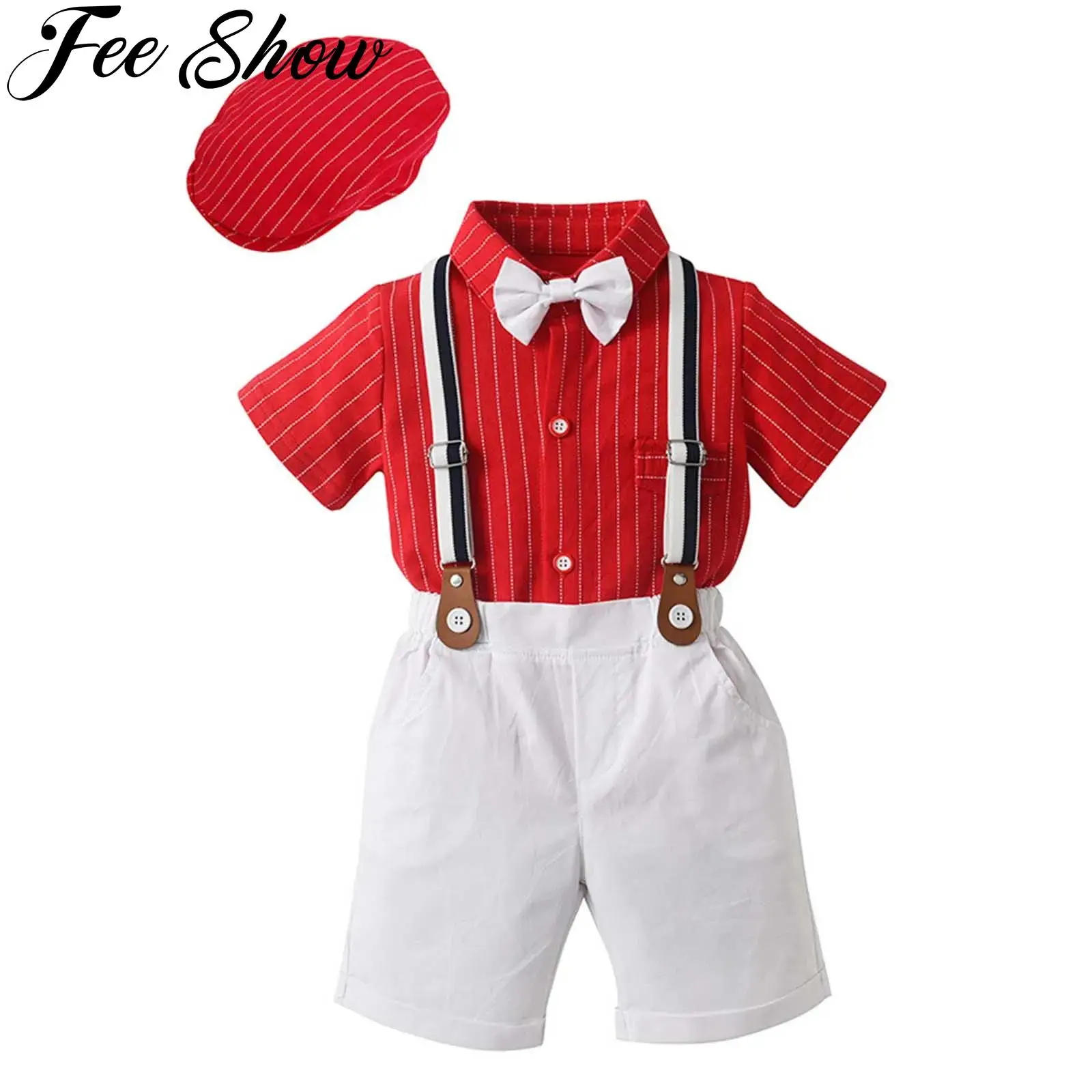 

Baby Boys Suit Short Sleeve Lapel Striped Shirt Romper with Bowtie Suspender Shorts Hat Children Clothing for Birthday Party