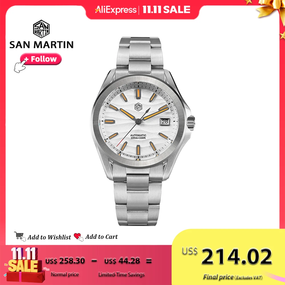 China San Martin 39mm Acero inoxidable hombres deportes Dune textura Dial reloj mecánico automático impermeable 10Bar luminoso SN0129G