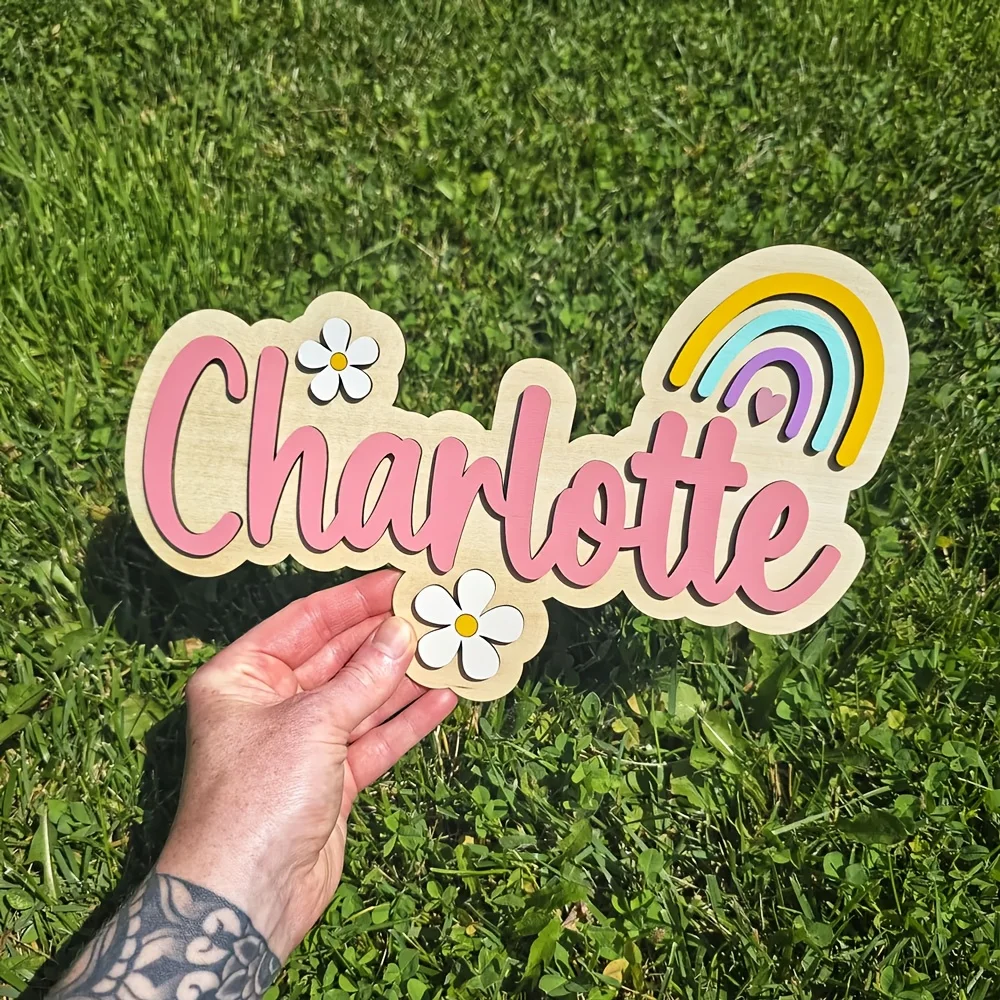 لافتة اسم خشبية مخصصة مع قوس قزح وزهور - لافتة باب "شارلوت" مخصصة، مثالية لغرف الأطفال أو الحضانات أو Ch