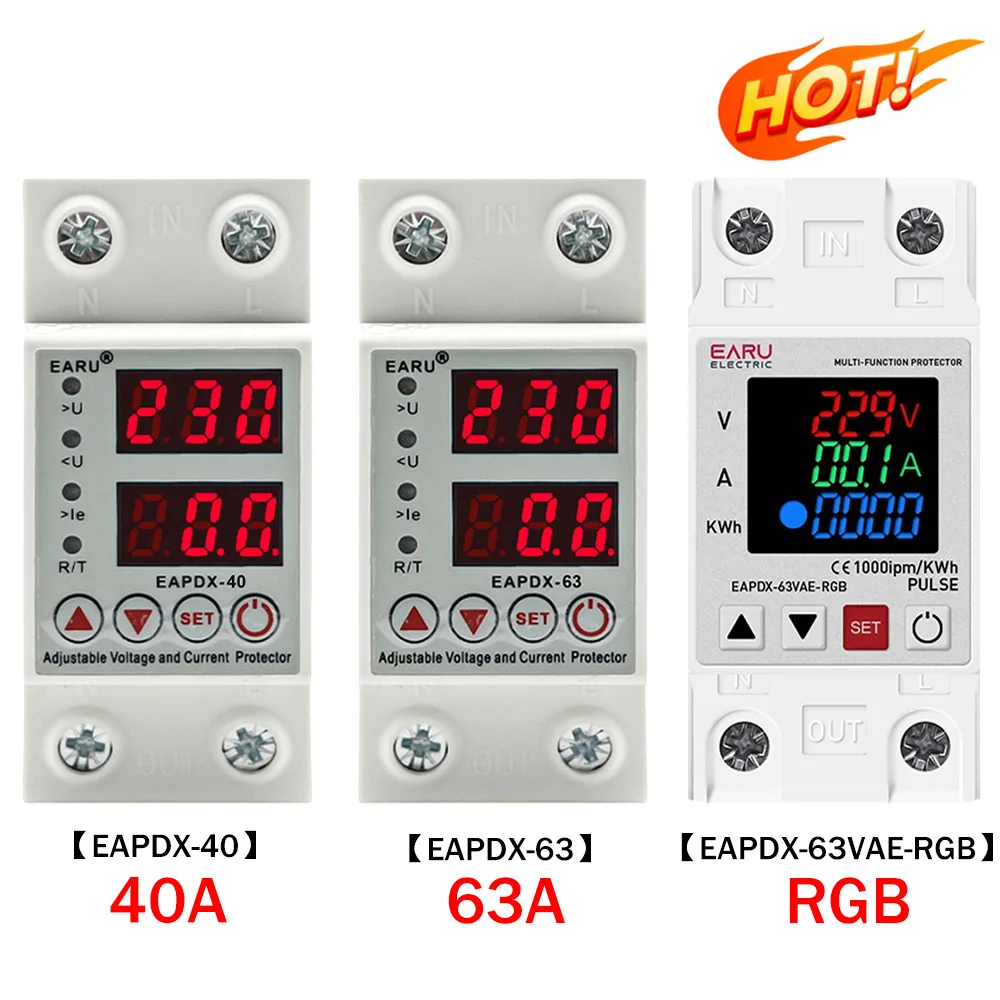 AC 40A 63A 230V Din Rail Adjustable Over Voltage Under Voltage Protective Device Protector Relay Over Current Protection Limit