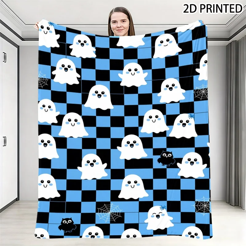 Playful Whimsical Halloween & Owl Print Throw Blanket, Black Blue Checkered Background with Smiling White Ghosts, Small Black Ow