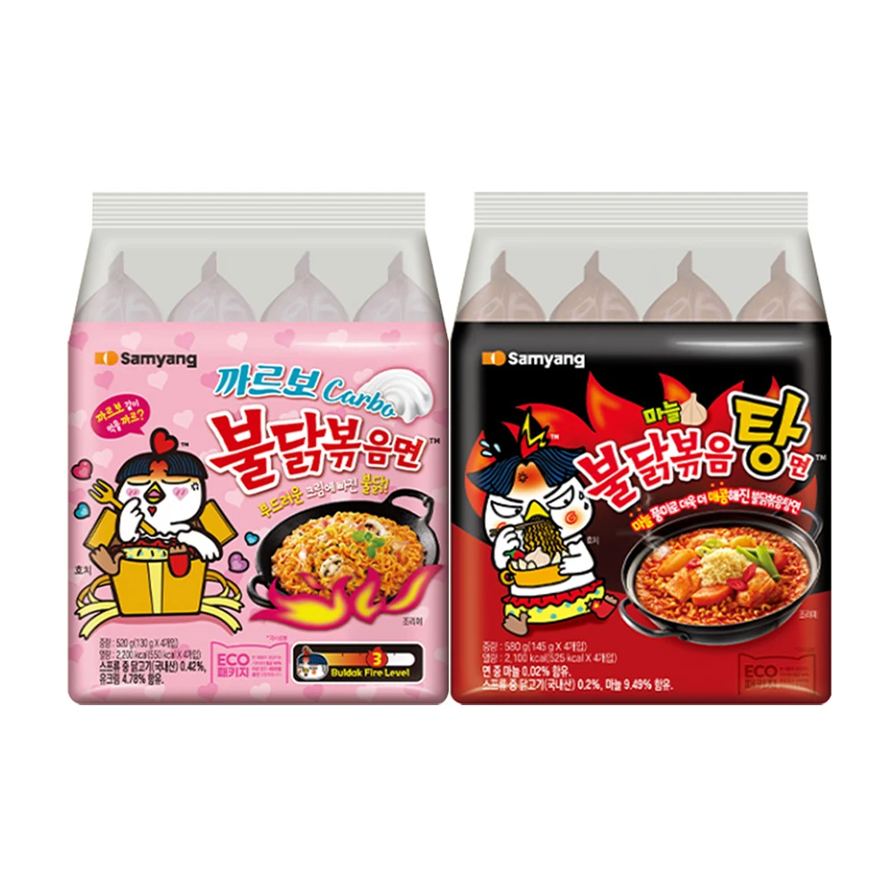Samyang Carbonara Buldak Instant Noodles 130g X 4 Packs + Buldak Hot Chicken Flavor Noodles 145g X 4 Packs