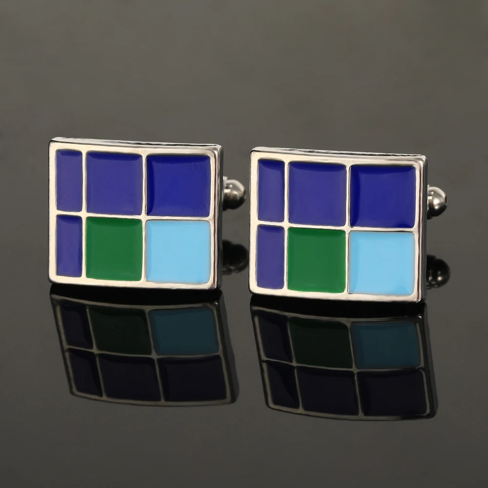 Creative Plaid Square Enamel Mens Cufflinks Blue Green Colors Checked Sleeve Button For Suit Tuxedo Jewelry Accessories