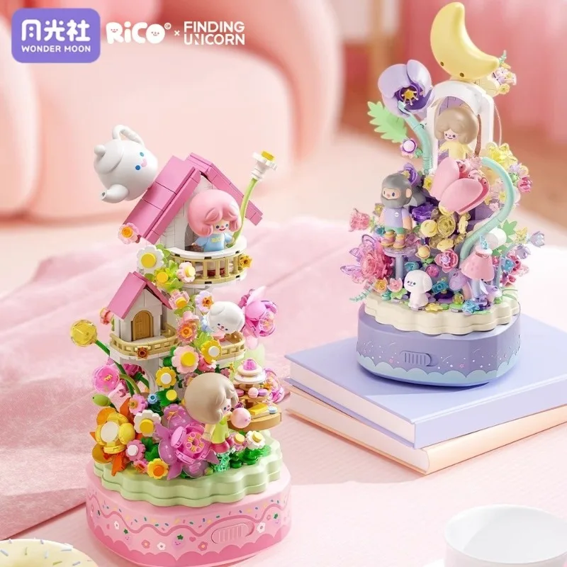 RiCO Flower Adventure Assemblaggio di blocchi di costruzione FINDING UNICORN Carillon Giocattolo Modello Kawaii Ornamenti Regalo di festa per bambini