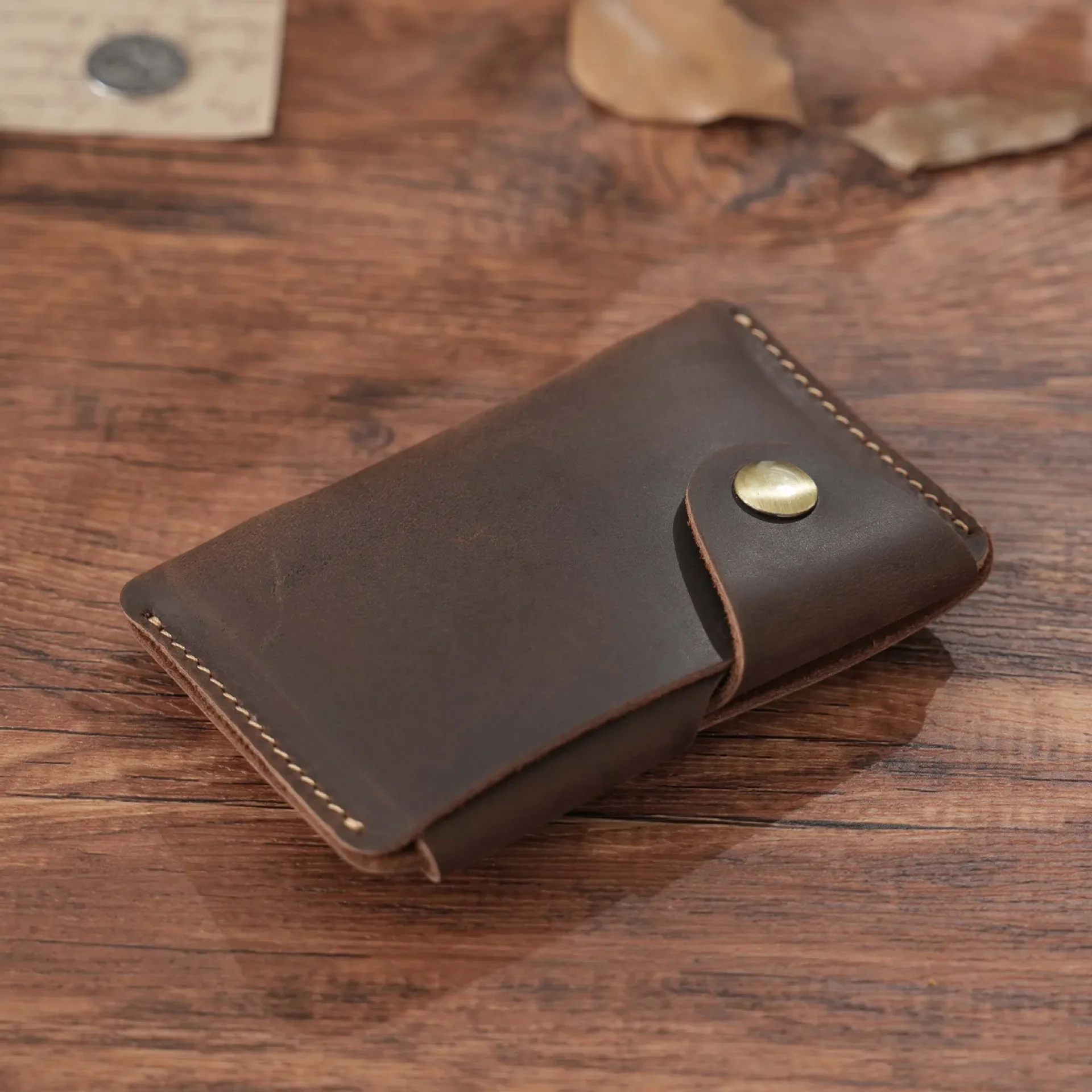 Handmade Crazy Horse หนังสําหรับชาย,Slim 2 กระเป๋าบัตรเครดิต,กระเป๋าสตางค์หนัง Minimalist