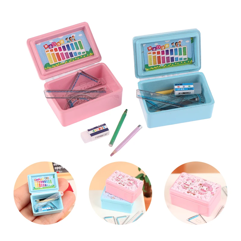 

1Set 1:12 Dollhouse Miniature Stationery Pencil Case Pen Ruler Eraser Stationery Box Doll House Accessories Kid Pretend Play Toy