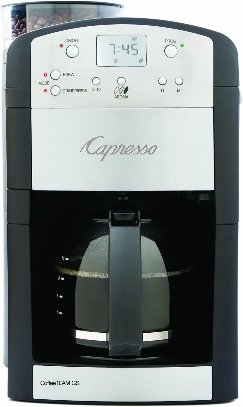 

Capresso 464.05 CoffeeTeam GS 10-Cup Digital Coffeemaker with Conical Burr Grinder, Glass Carafe , Black , 15.5" x 9.5 "x 9.75"