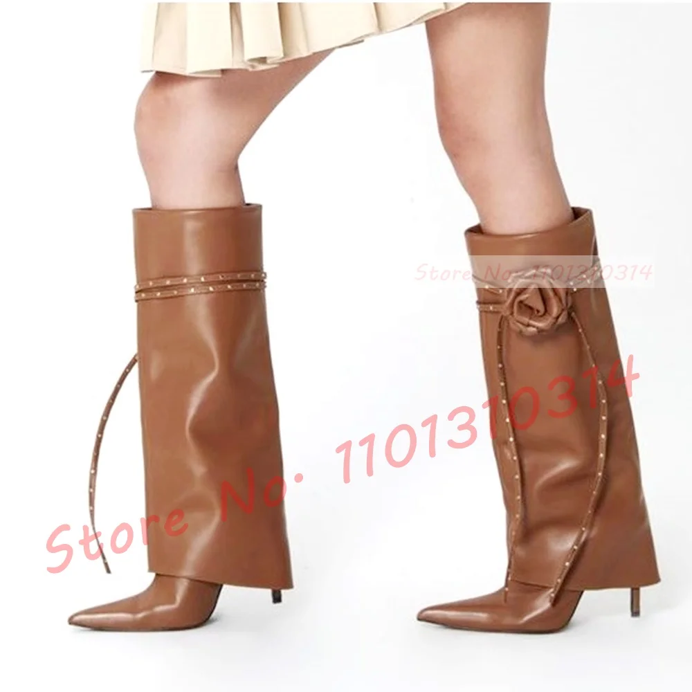 Brown Rose Knee High Boots Women Slouchy High Thin Heels Fold Over Shoes With Tassel Decor Ladies Pointy Studded Party Boots