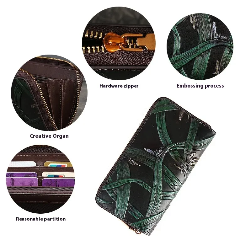 حامل بطاقات جلد طبيعي للنساء ، جودة عالية ، عتيق ، منقوش يدويًا ، جلد البقر ، حقيبة محفظة طويلة
