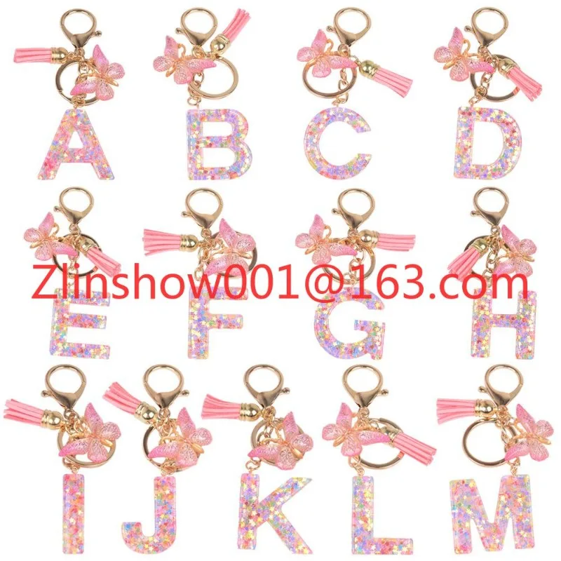 A-Z letter keychain resin sequin star letter pendant with tassel butterfly key ring female