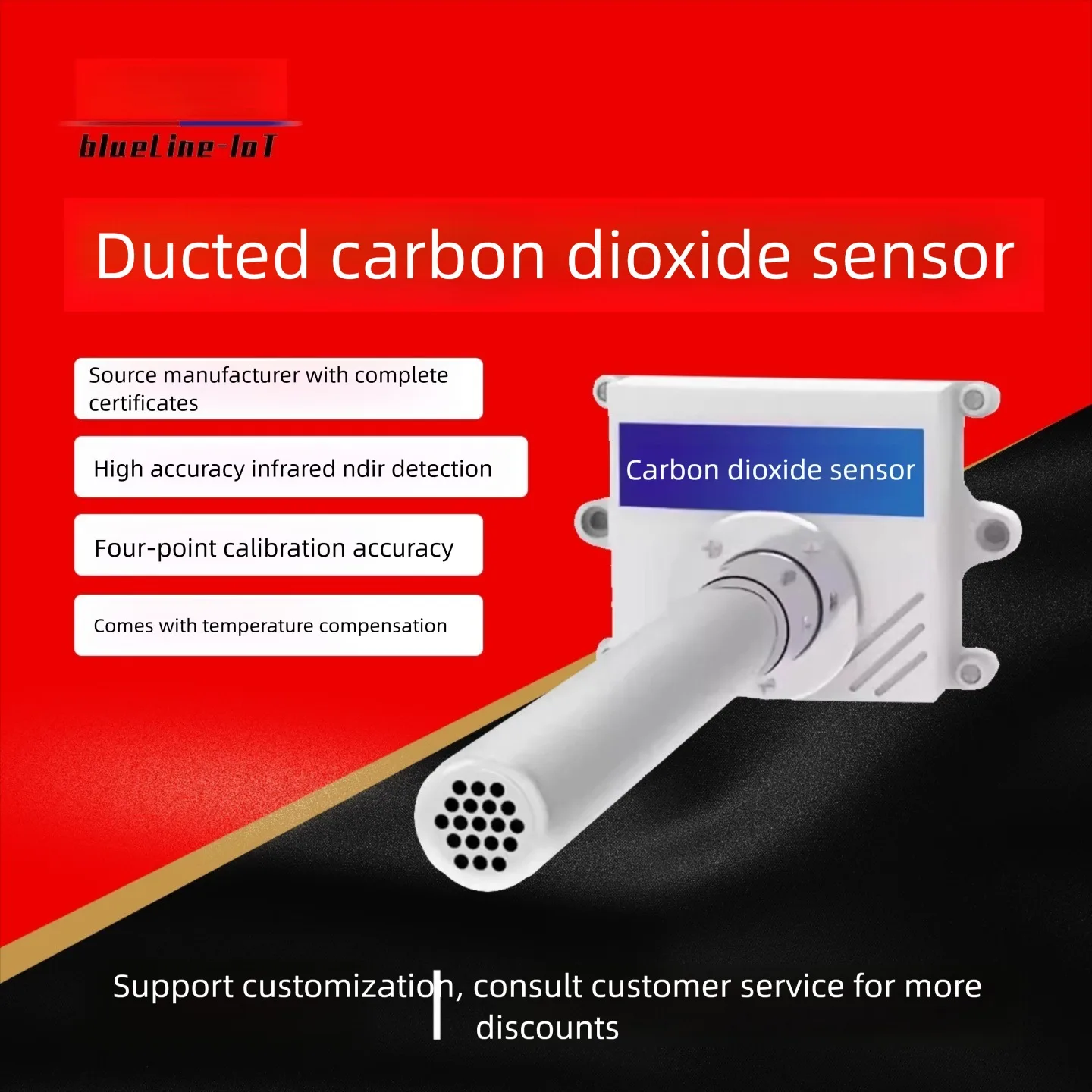 Duct-type carbon dioxide sensor, pipeline-type CO2 concentration detection transmitter for industry, agriculture, greenhouses, a