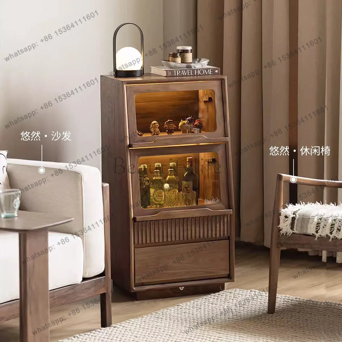 Factory Direct Sales North American Black Walnut TV Side Cabinet Solid Wood Flip Glass Door Bucket Cabinet