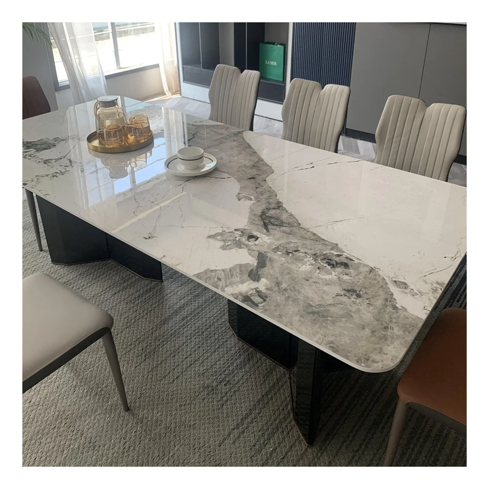 Modern Luxury New Design Metal Dining Room Furniture Italian Ceramic Marble Dining Table With Chair Villa Large Dining Table Set