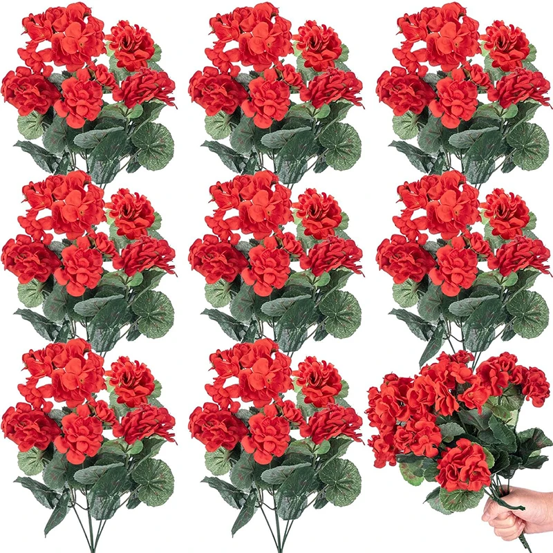 Flor de geranio de seda Artificial de 35cm, geranio Artificial rojo para el hogar, florero de boda, centro de mesa, decoración de Patio y jardín