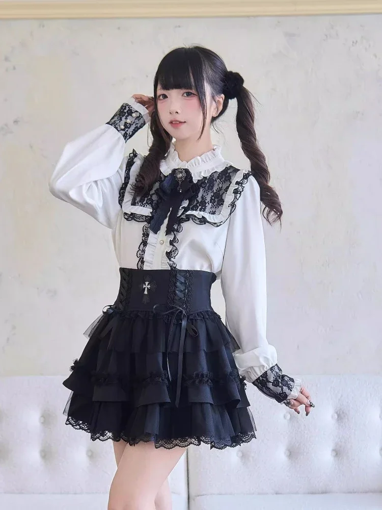 Japanese Sweet Lolita Stand Neck Ruffled Shirt Y2k Aesthetic Lace Patchwork Grunge Blouse Women JK Loose Puff Sleeve Blouses