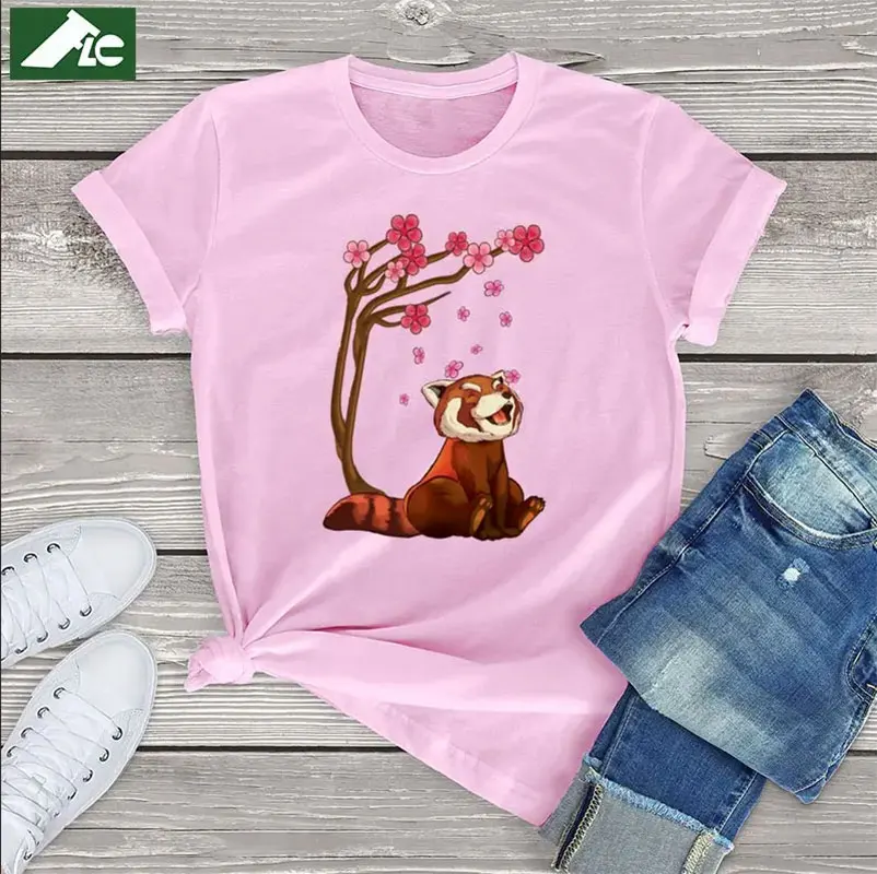 FLC Trend Cotton Sakura Red Panda Cherry Blossom Japans Favorite Flower Women T Shirt Casual Unisex Tops Graphic Female T Shirt