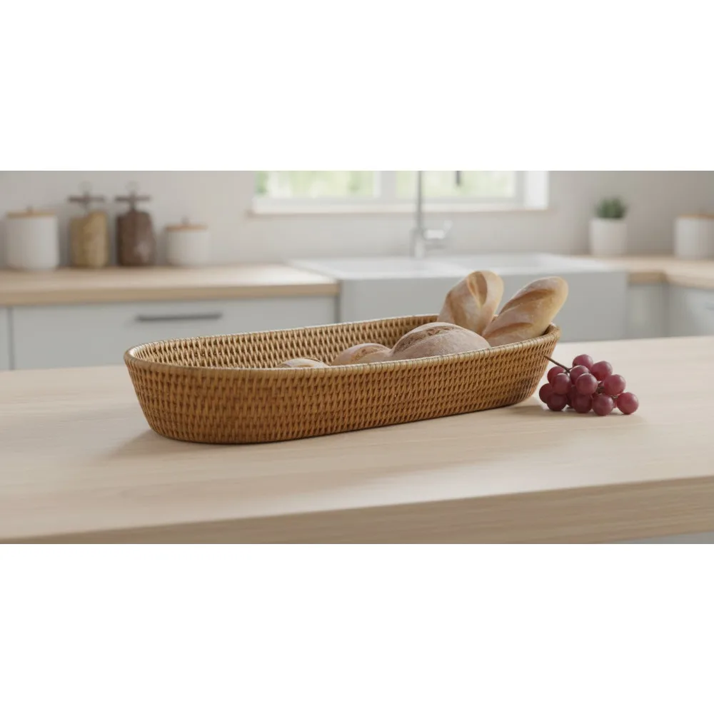 

Большая плетеная корзина для хлеба из ротанга для хранения на кухне | Поднос для фруктовых закусок в стиле бохо, домашний органайзер, медово-коричневый