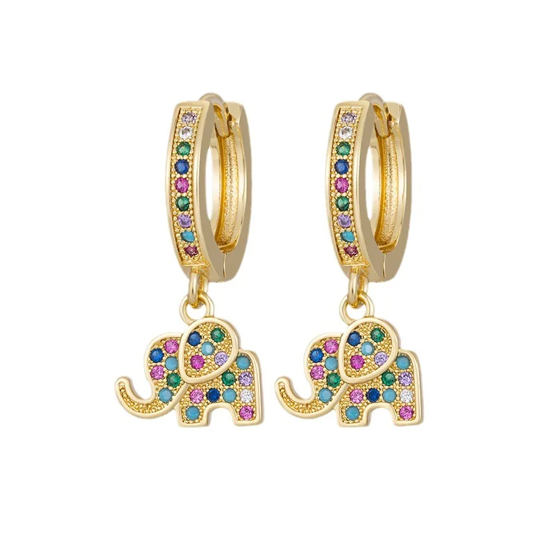 Cute Female Small Elephant Hoop Earrings Rainbow Crystal Multicolor Zircon Pendant Earrings For Women Vintage Gold Color Jewelry