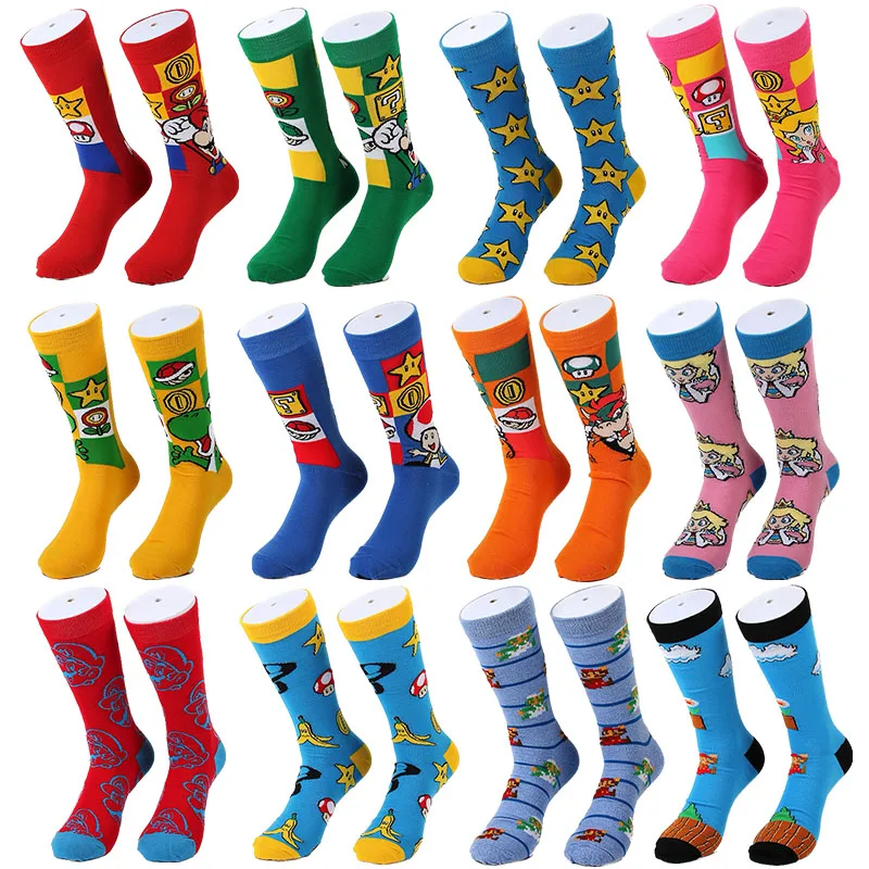 Super Mario Bros Cartoon Socks Anime Figure Yoshi Luigi Bowser Mid-tube Sports Socks Combed Cotton Adult Socks Birthday Gifts