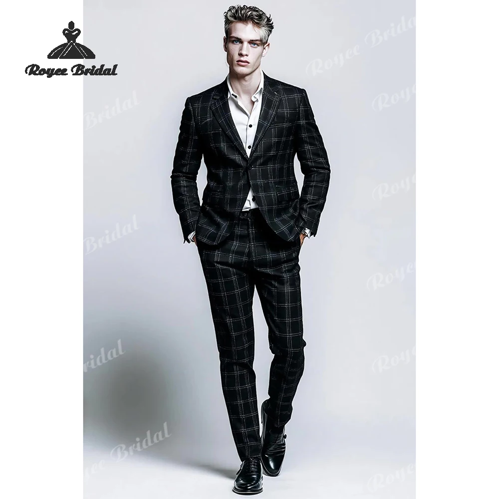 Black Grid Two Piece Single Breasted Men's Suit Wedding 2026 Notched Lapel Business Suit Customized trajes para hombre