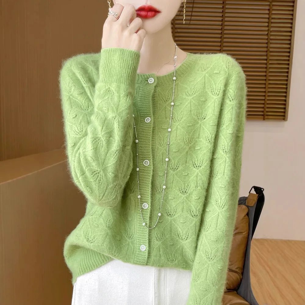 

Women Cardigans 100% Wool Soft Warm Knitted Sweater Hollow Out Long Sleeve Autumn Winter Single Breasted Korean Fashion Jumpers