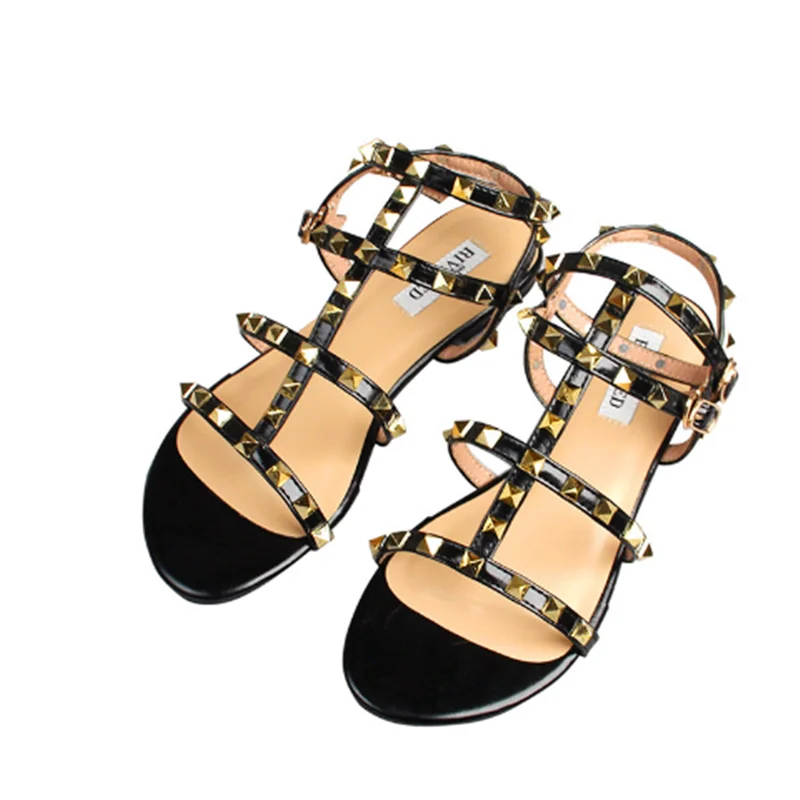 Lady Gladiator Studs Sandals With Buckle Strap Cut-outs Shoes Summer Open Toe American Style Larger Size 35-43 Beige Black White