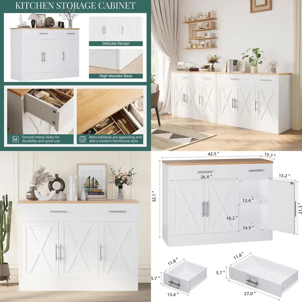 

Белый 42 современный фермерский буфет с 3-мя дверцами и регулируемой полкой для кухни и гостиной