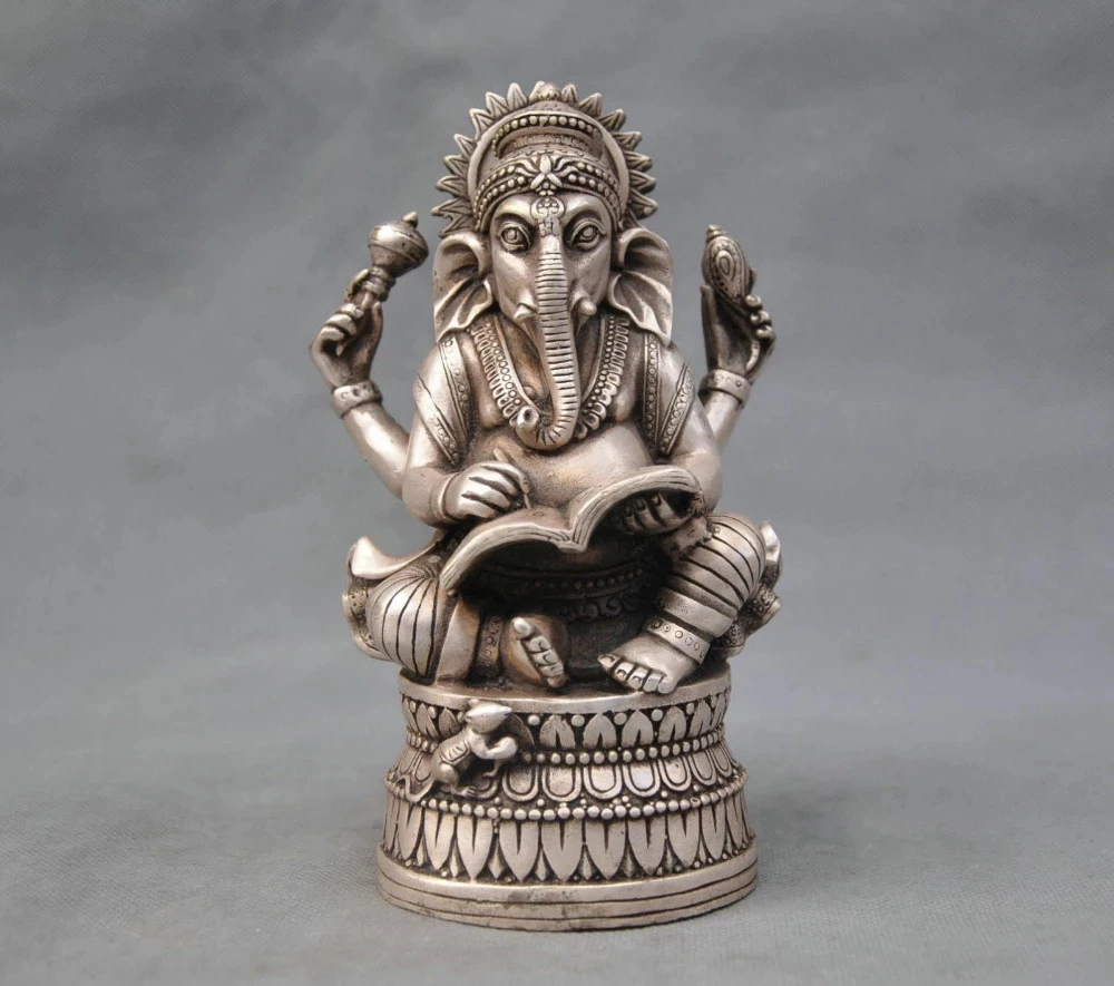 

China Silver Bronze Buddhism Elephant Ganesha God of Wealth Statue