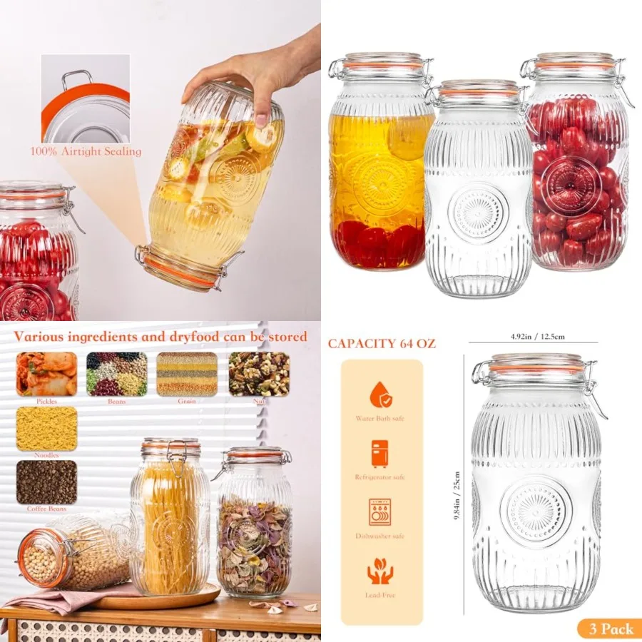 

Wide Mouth Vintage Mason Jars with Airtight Lid 64oz 2 Quart, Canister Quart Jars for Kitchen Storage - for Coffee, Sugar, Bean