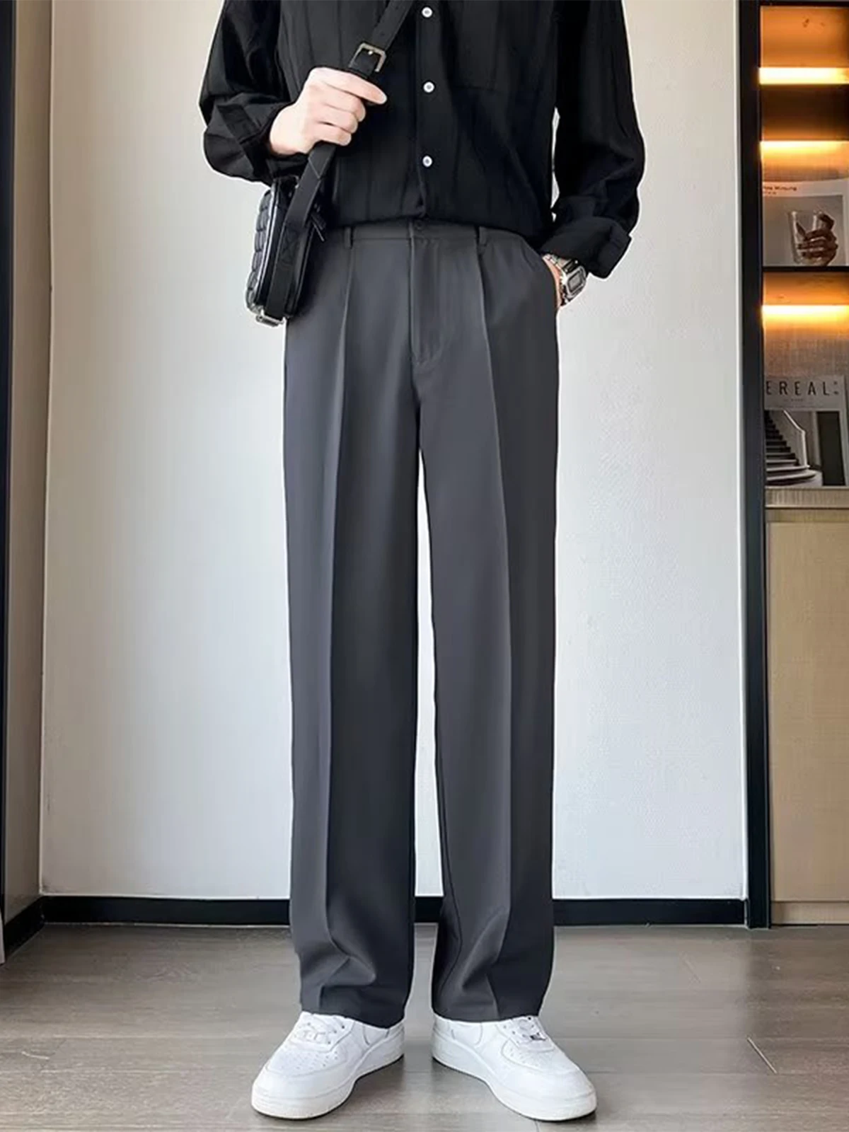 

Trendy Pure Color Drapey Casual Men's Business Straight Leg Loose Fit Street Style Versatile Long Pants Straight Cut Trousers